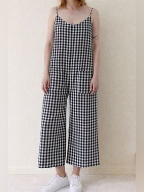 Ali Golden Black and White Gingham Linen Blend Wide Leg Jumpsuit L Like New